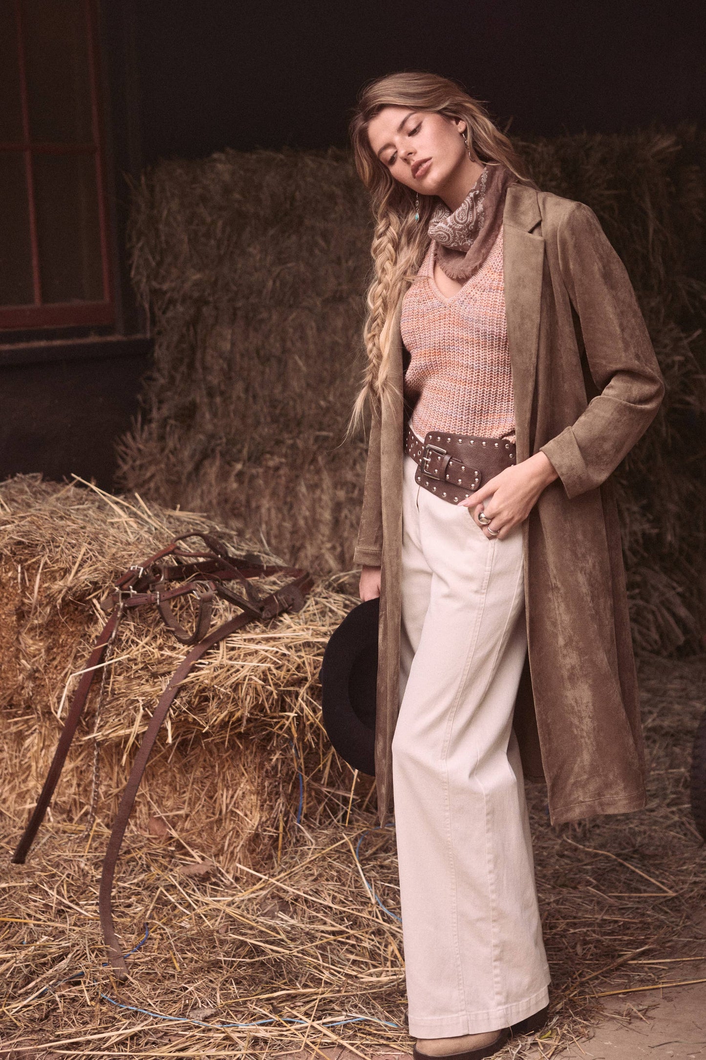 Western Faux Suede Duster Coat: Olive / M - Pink Peonies
