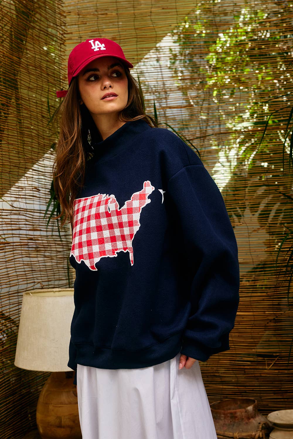 IT2594-USAGINGHAM USA/USA Map Reversible Oversize Sweatshirt: NAVY / S/M-L/XL (3-3) - Pink Peonies