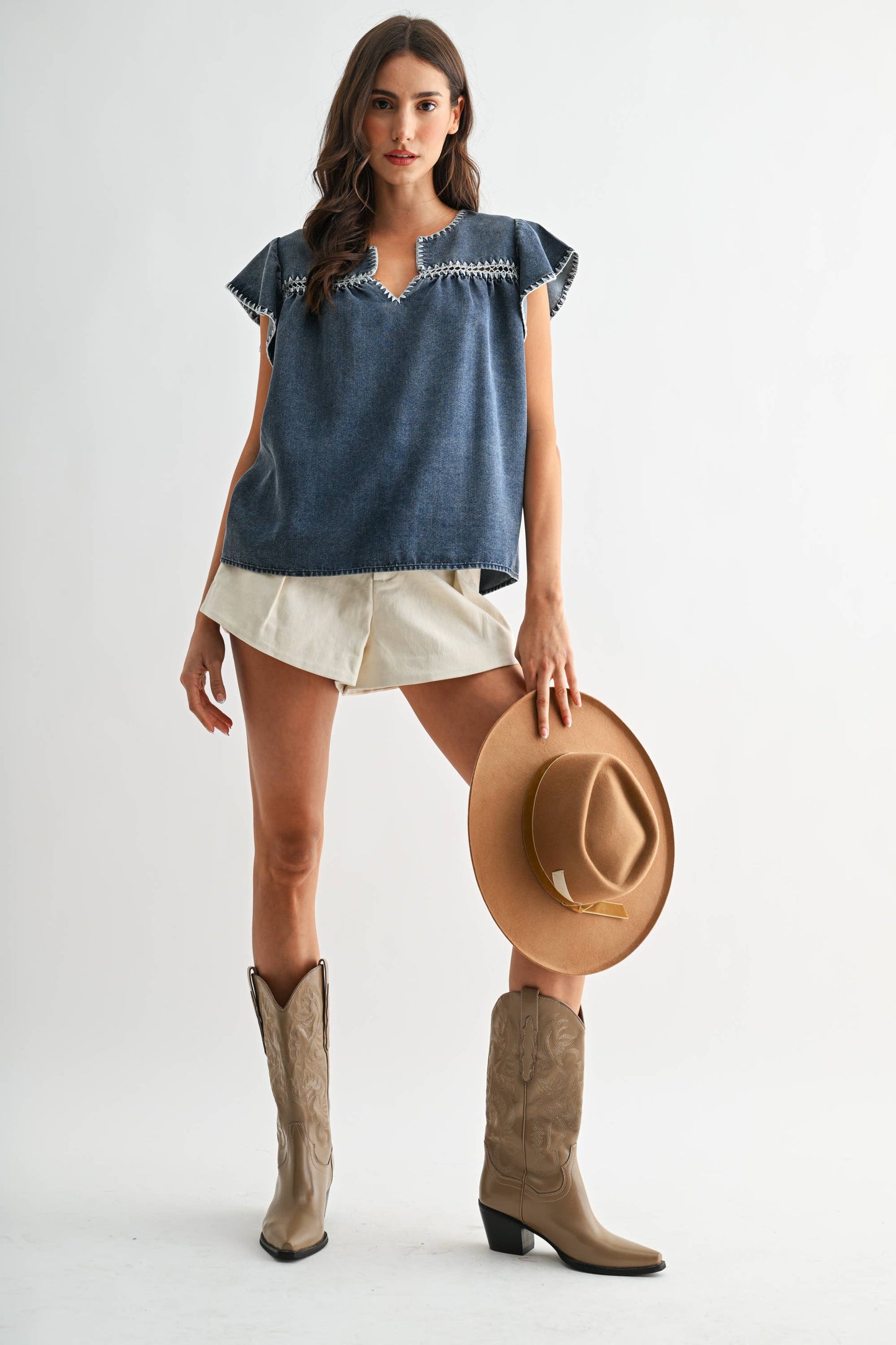 CJT26782 Denim Flutter Sleeve Top with Embroidered Trim: MEDIUM DENIM / S-M-L (3-2-1) - Pink Peonies
