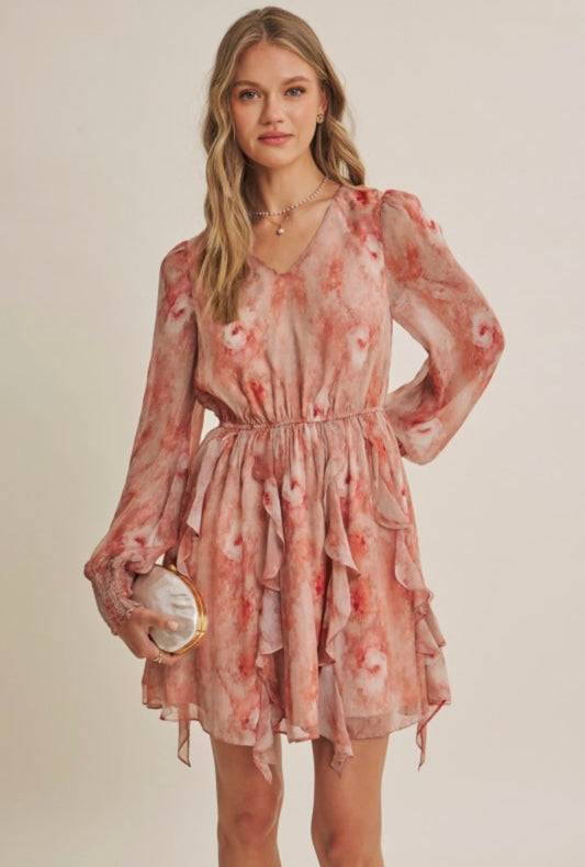 Petal Glow Floral Ruffle Mini Dress - Pink Peonies