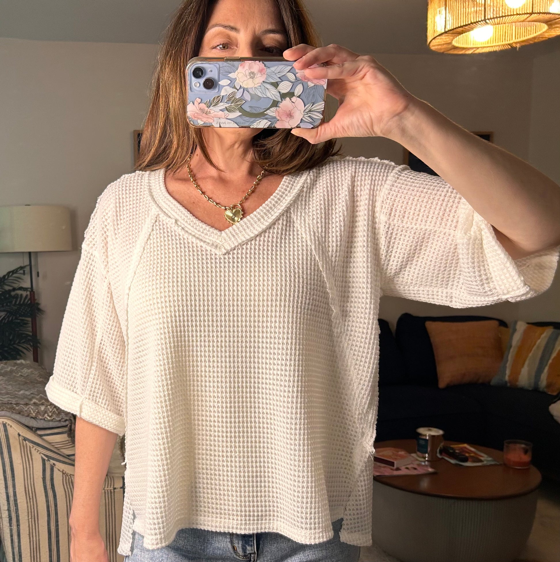 Brushed Waffle Exposed-seam 3/4 Sleeve Top - Pink Peonies