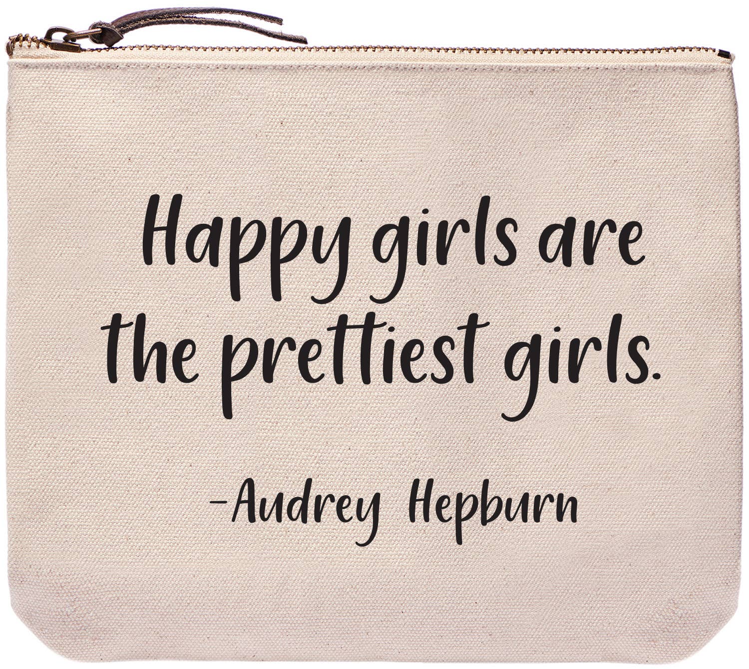 9" Canvas Zipper Pouch: Happy Girls are the Prettiest Girls - Audrey Hepburn Quote - Pink Peonies