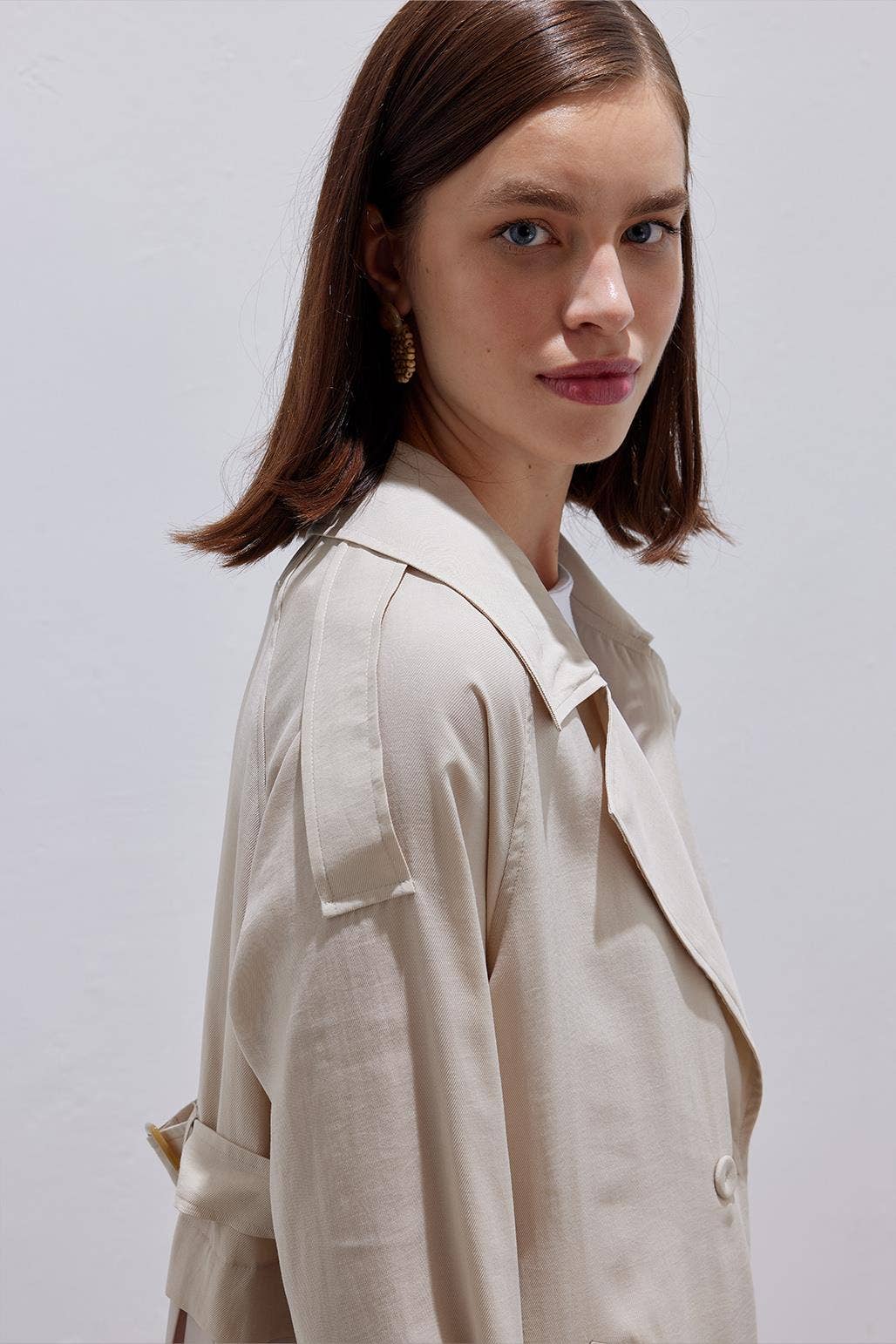 Pleated Modal Relaxed Fit Trench Coat Stone - Pink Peonies