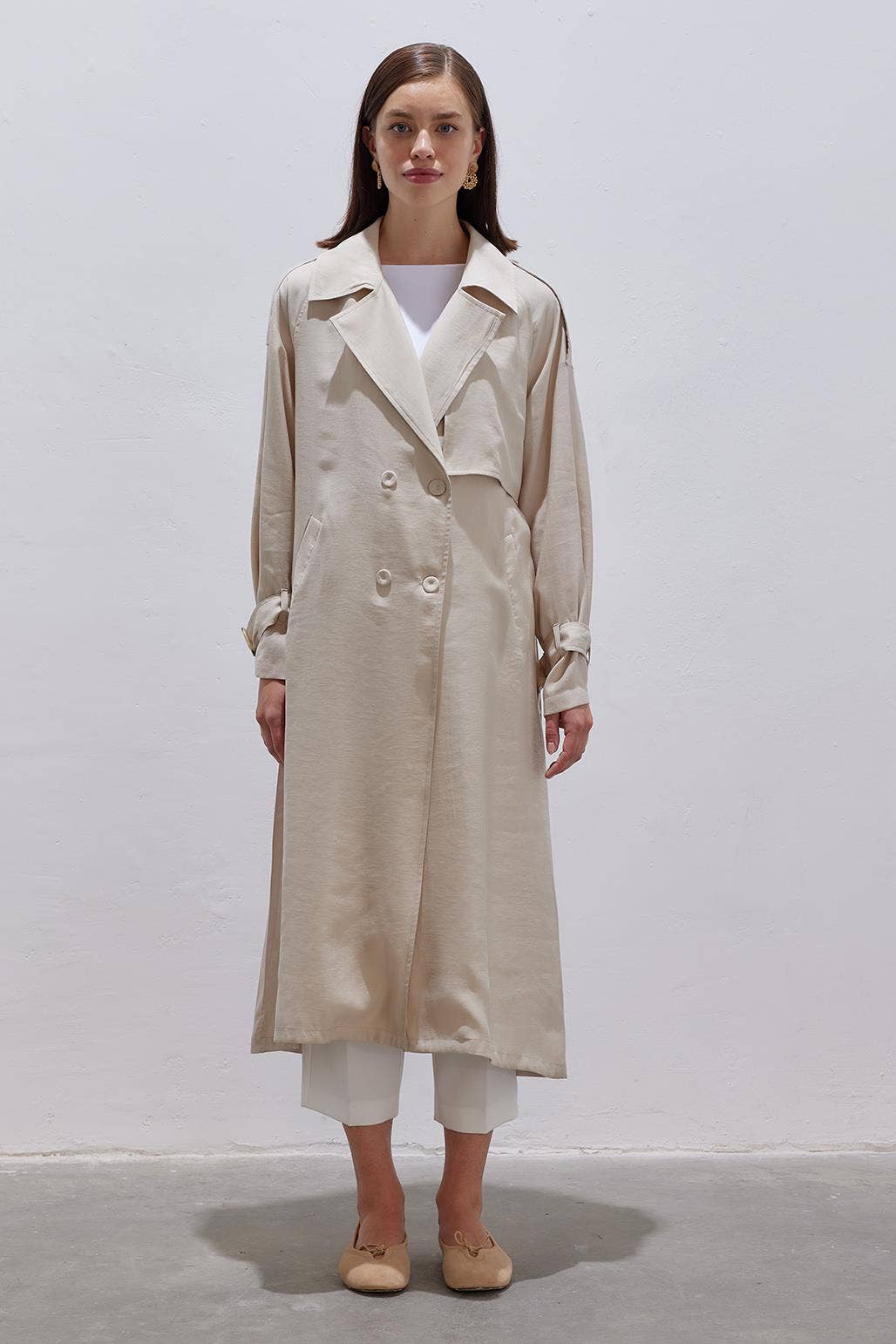 Pleated Modal Relaxed Fit Trench Coat Stone - Pink Peonies