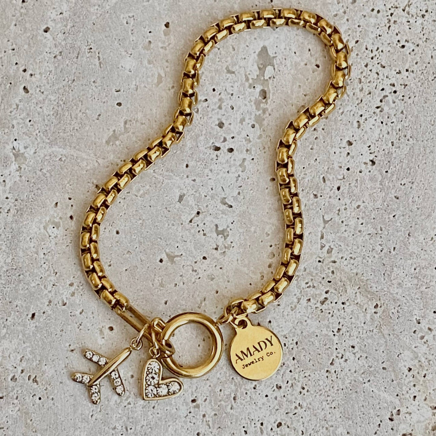 Traveler travel Bracelet airplane plane heart gold plated  - Pink Peonies