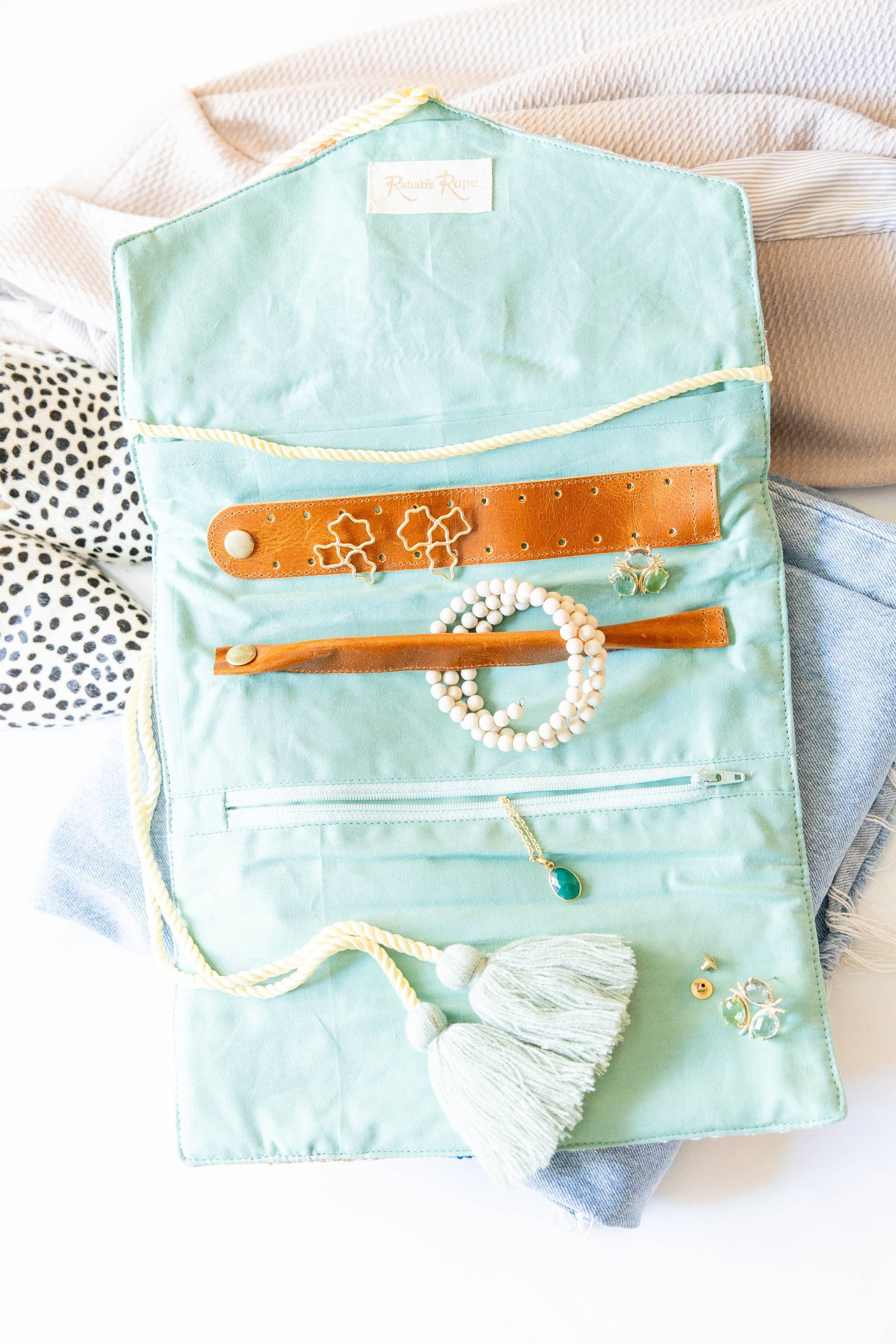 Embroidered Velvet Jewelry Organizer Mint - Pink Peonies
