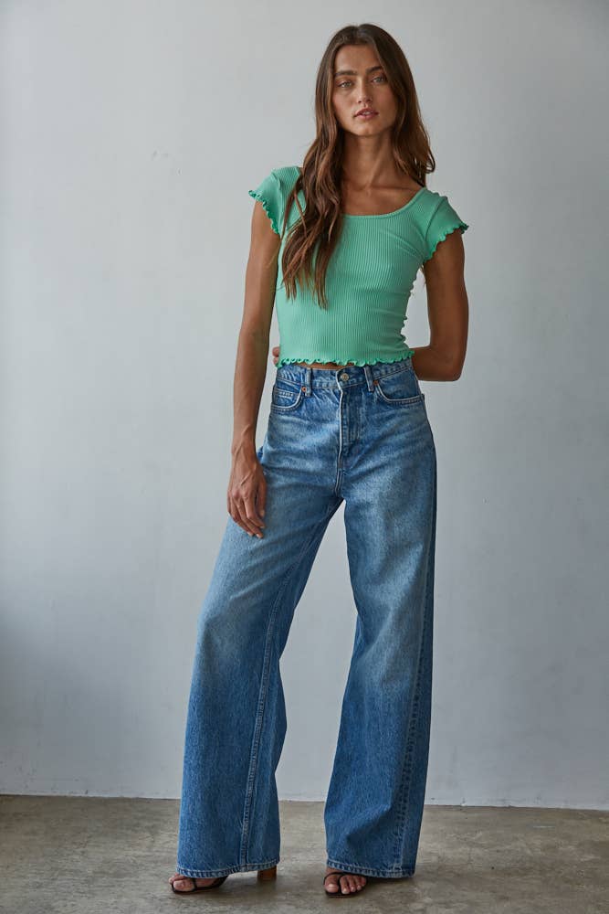 S1292N | Knit Seamless Ribbed Merrow Detail Crop Top: Light Grass Green / ML - Pink Peonies