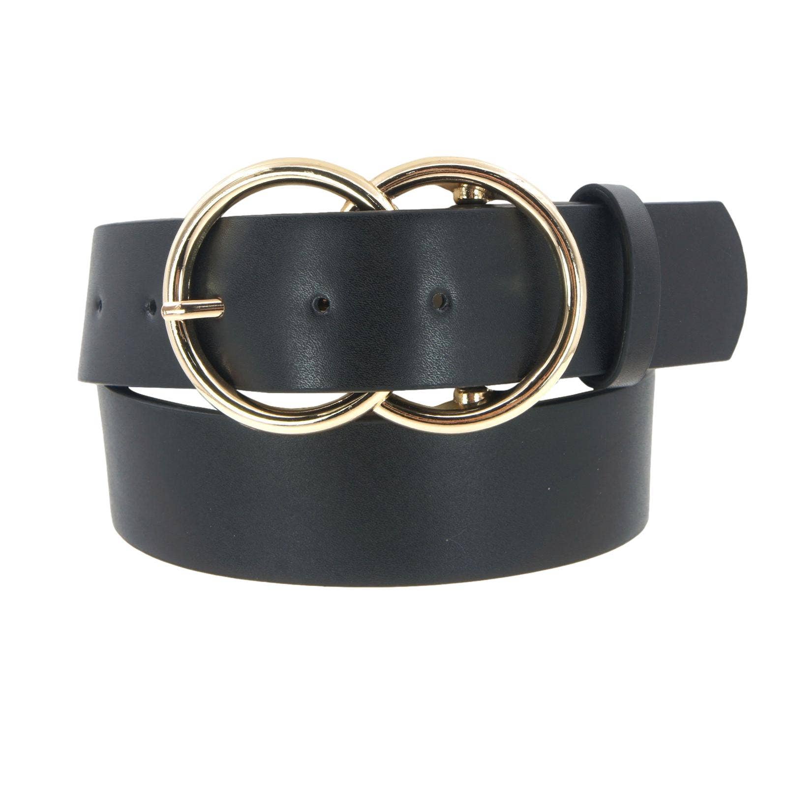 Black Thick Double Ring Belt - Pink Peonies