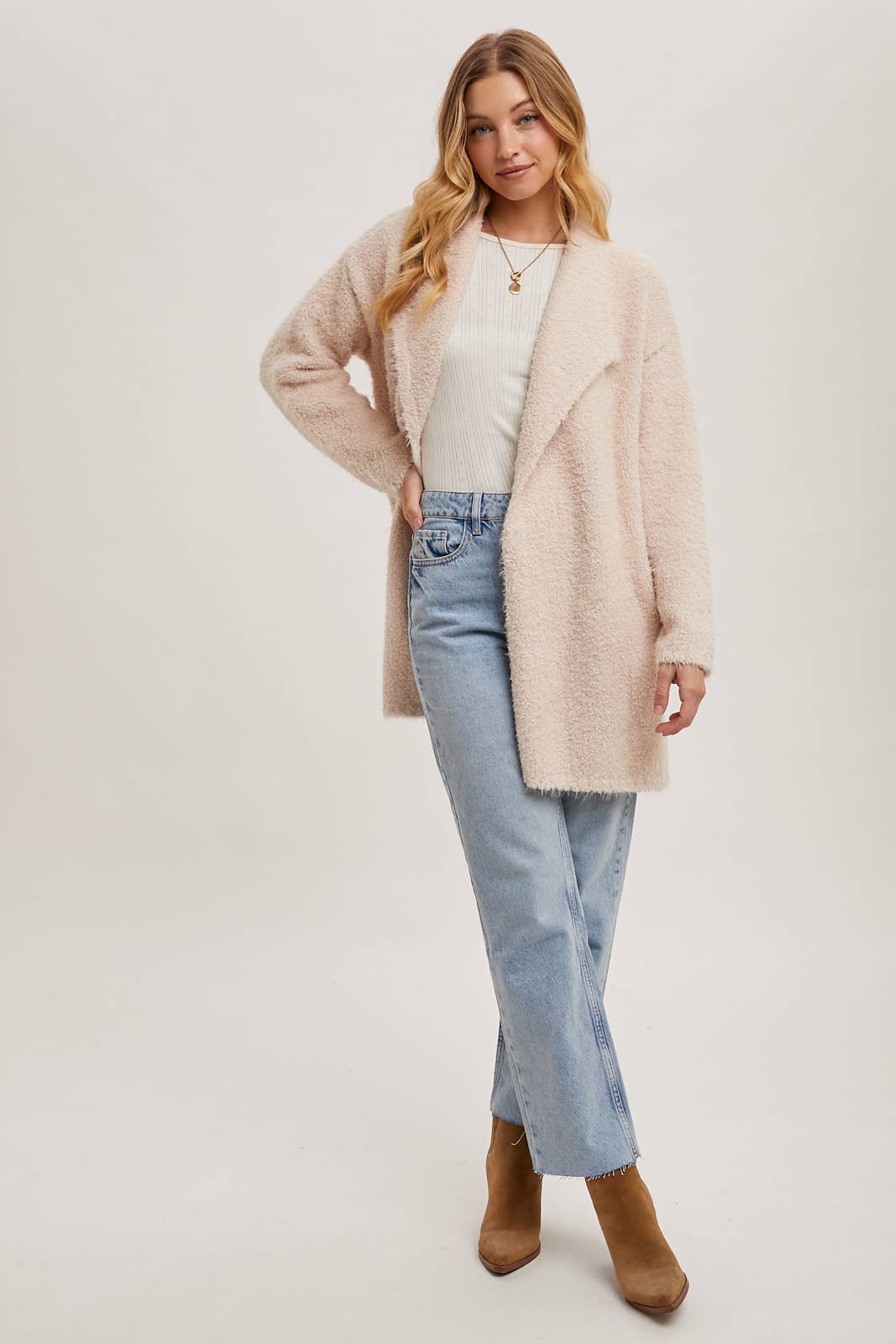 SOFT FUZZY DRAPE FRONT CARDIGAN: MUSHROOM / M/L - Pink Peonies