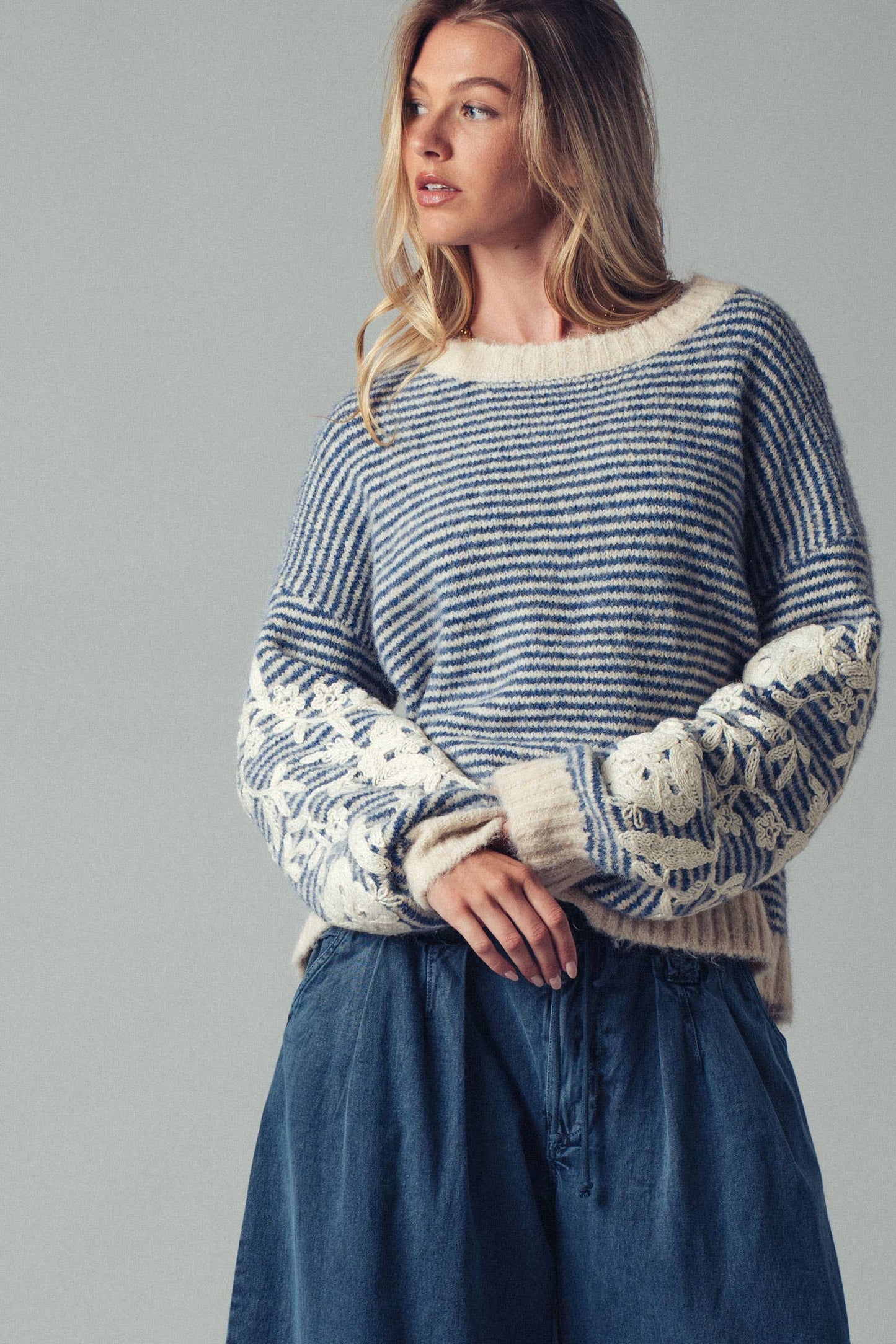 Floral Embroidered Striped Knit Sweater