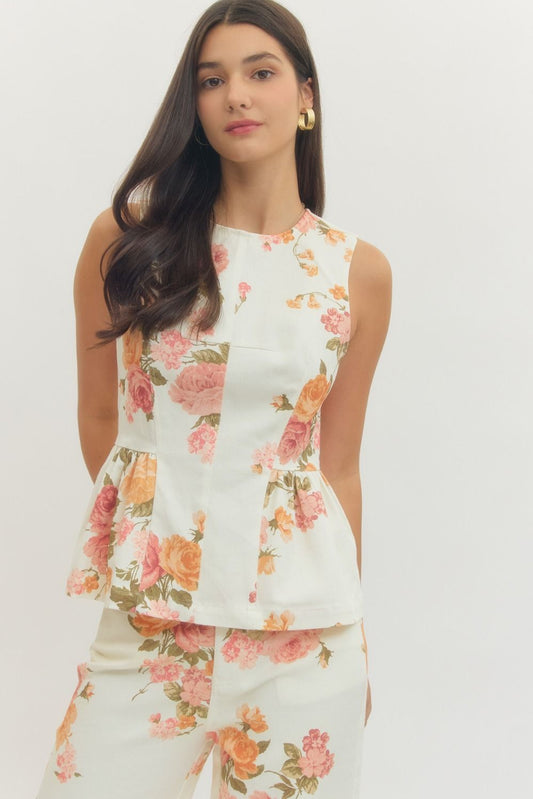 Floral Denim Peplum Top - Pink Peonies