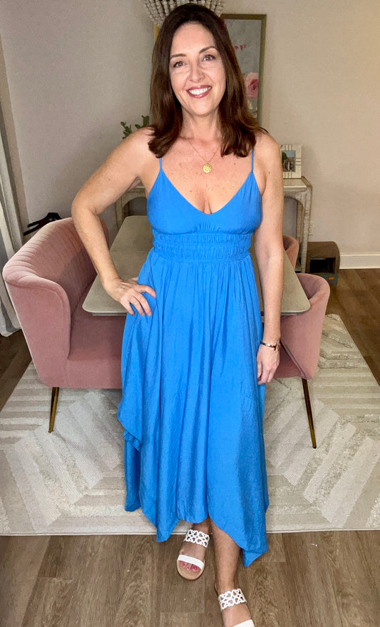 Indigo Dreams V Neck Handkerchief Hem Sleeveless Blue Midi Dress - Pink Peonies