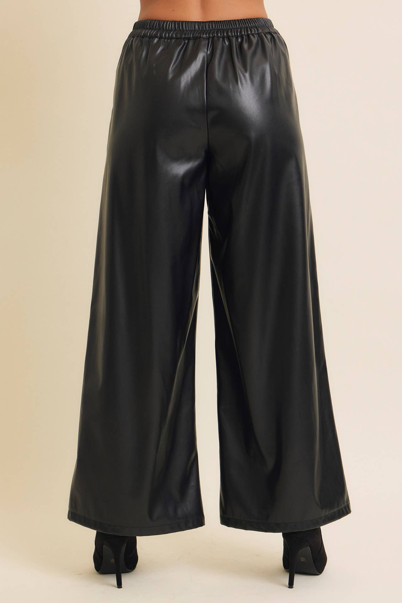 Vegan Leather Wide-Leg Pants with Elastic Back