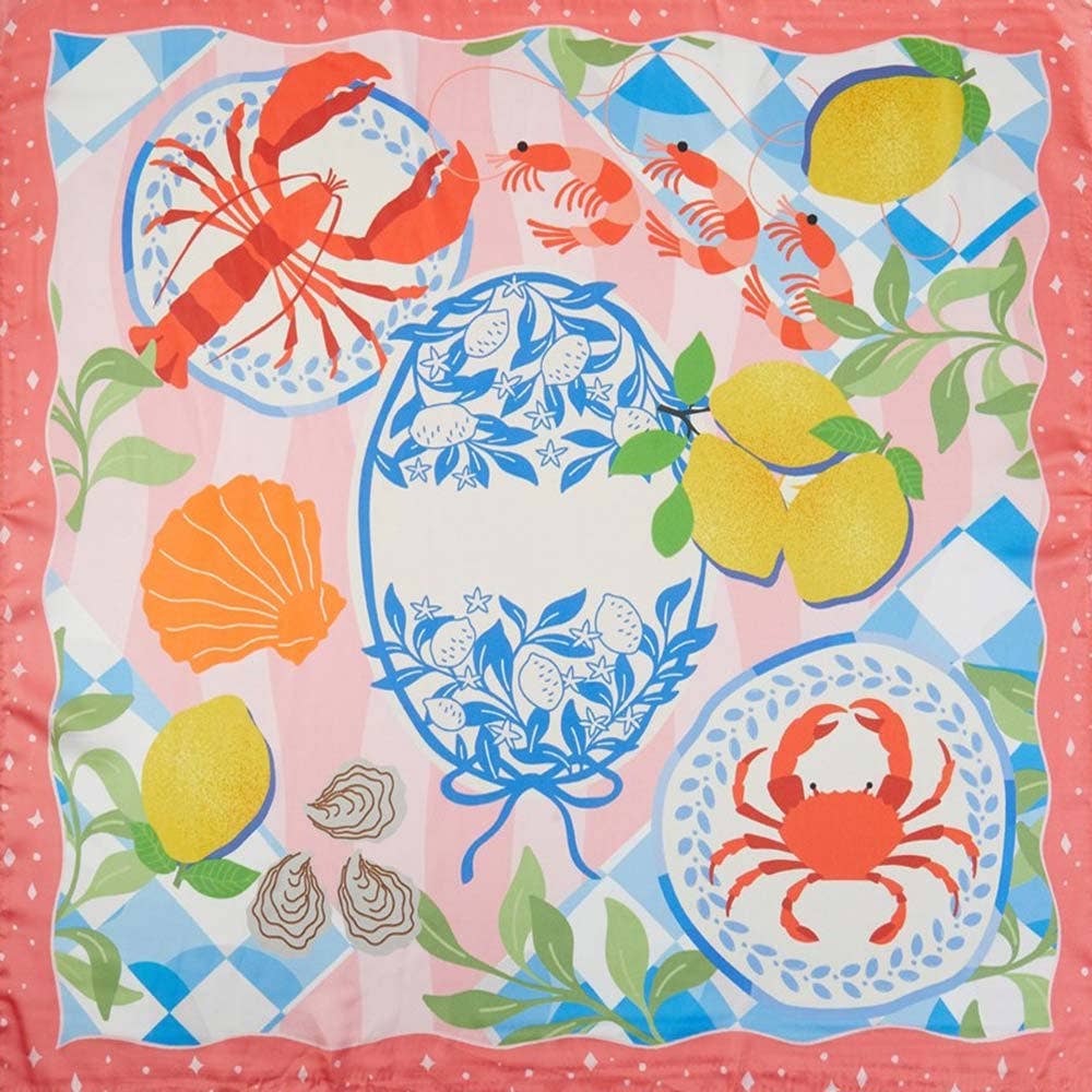 Seaside Feast Print Square Bandana Scarf: Coral - Pink Peonies