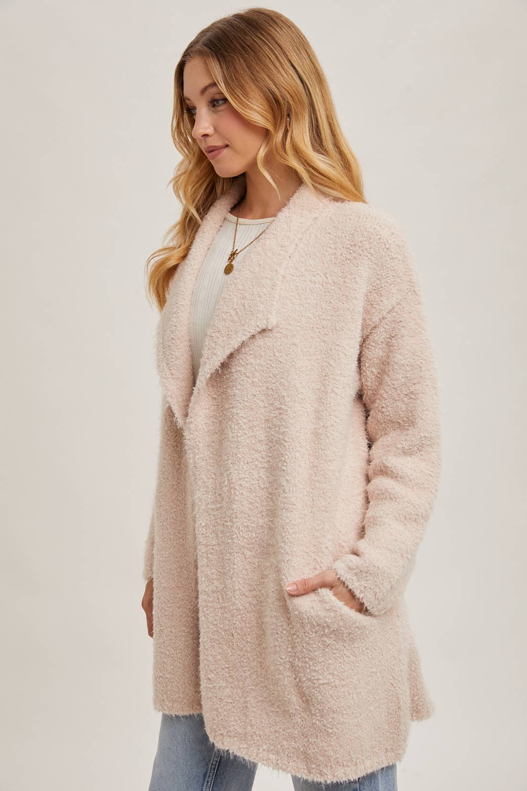 SOFT FUZZY DRAPE FRONT CARDIGAN: MUSHROOM / M/L - Pink Peonies