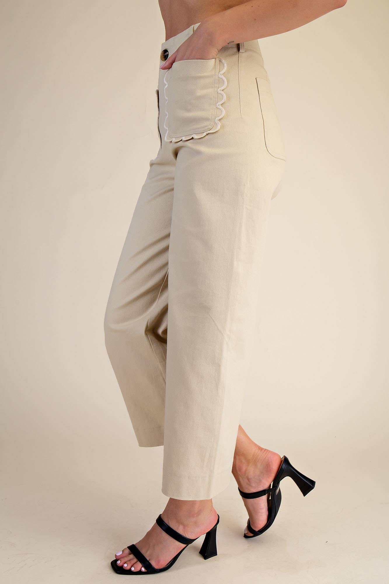 Colette Wide-Leg Scallop Pocket Pants - Pink Peonies