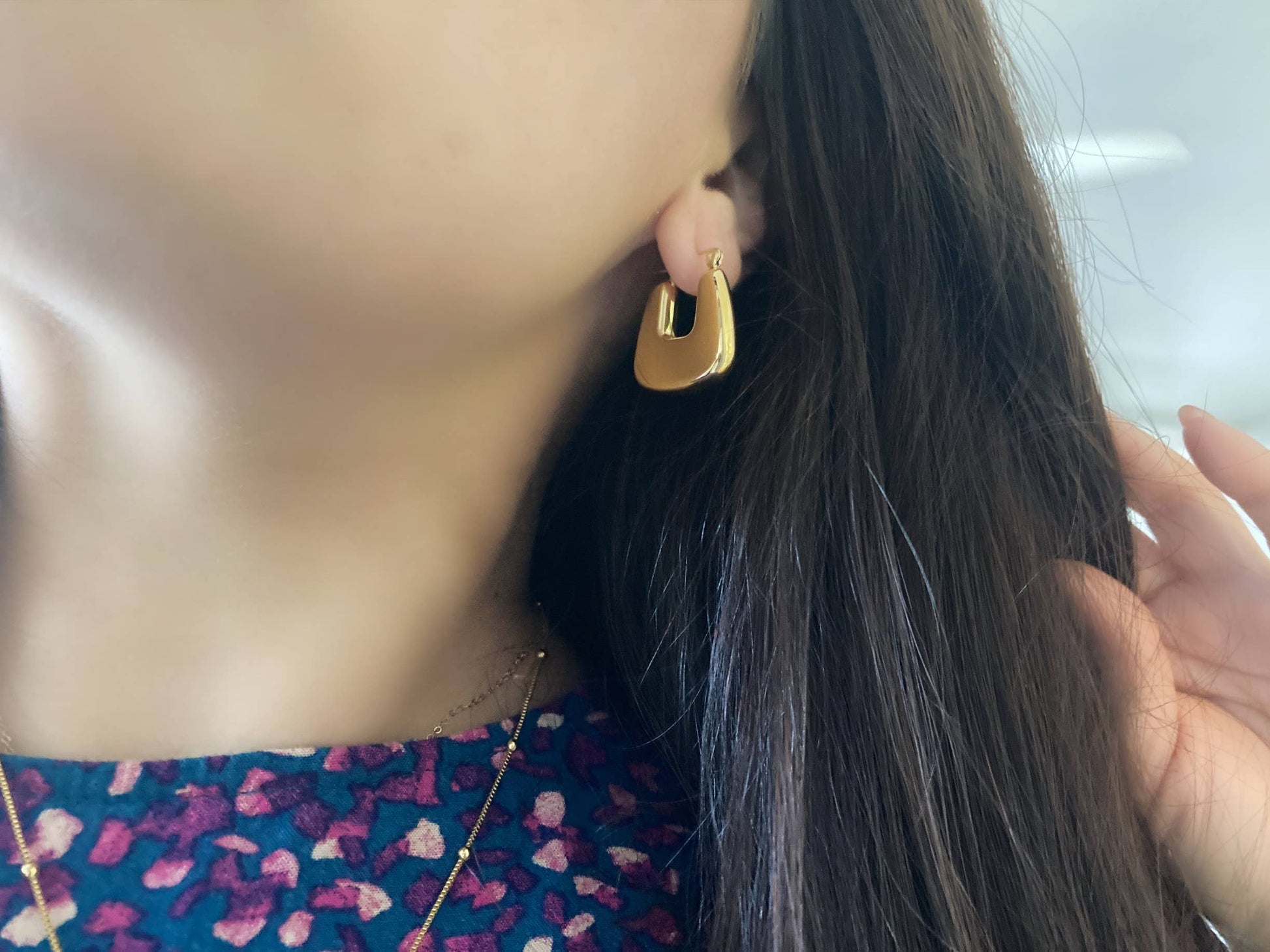 Lightweight gold chunky hoop earring gold plated waterproof - Pink Peonies