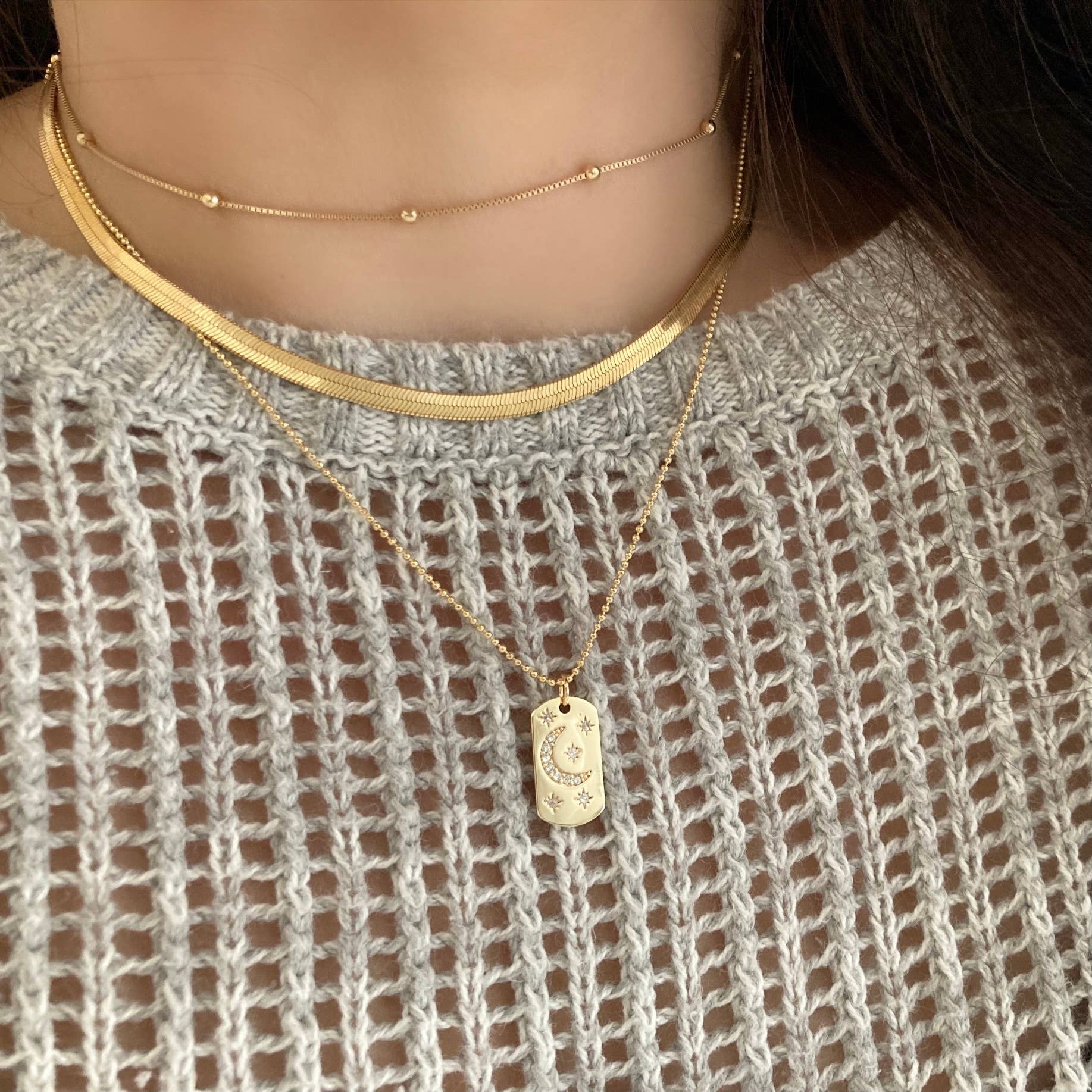 Half Moon Crescent Star Medallion 18K gold dog tag necklace - Pink Peonies