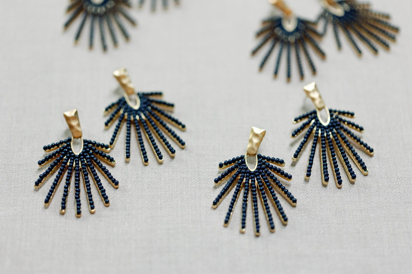 Navy Sunburst Statement Drop Earrings - Pink Peonies