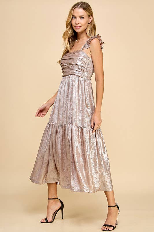 Metallic Ruched Midi Dress - Pink Peonies