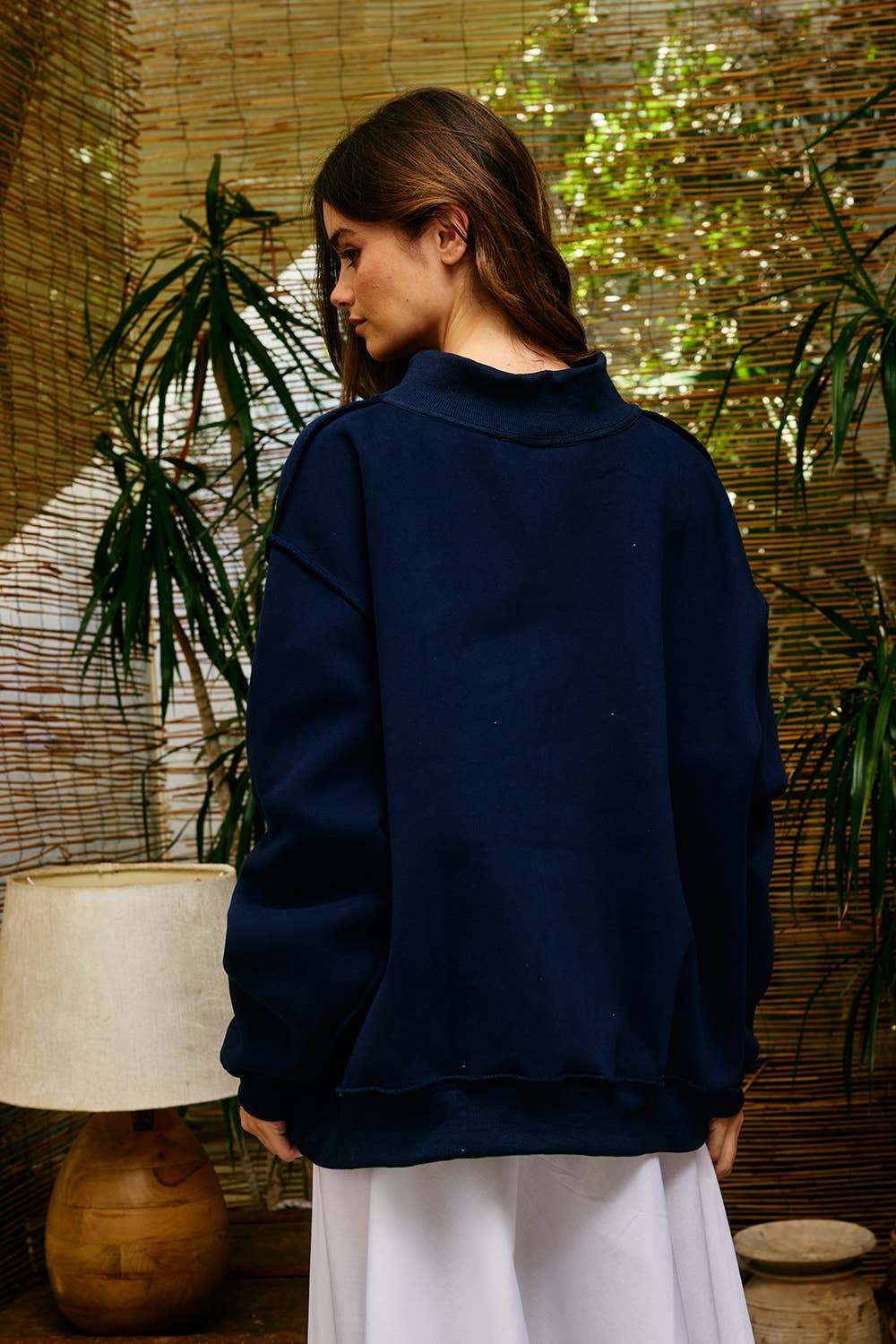 IT2594-USAGINGHAM USA/USA Map Reversible Oversize Sweatshirt: NAVY / S/M-L/XL (3-3) - Pink Peonies
