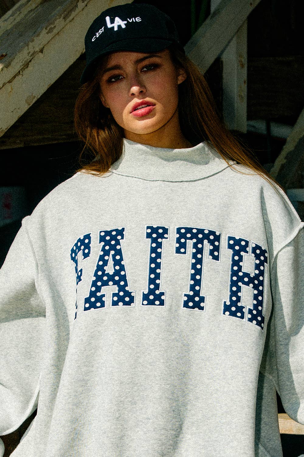 IT2594E-FAITH | Embroidered Polka-Dot Mock Neck Sweatshirt : H.GREY/POLKA DOT / S/M-L/XL (3-3) - Pink Peonies