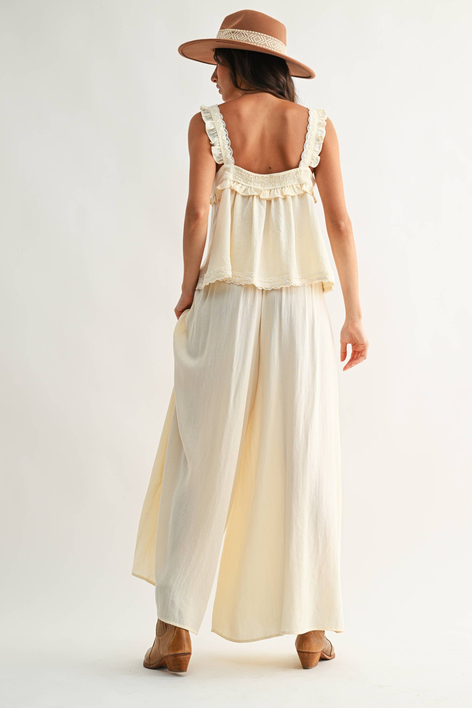 CEP27063 Wide-Leg Palazzo Pant with Ruffle Set - Pants Only: IVORY / S-M-L (3-2-1) - Pink Peonies