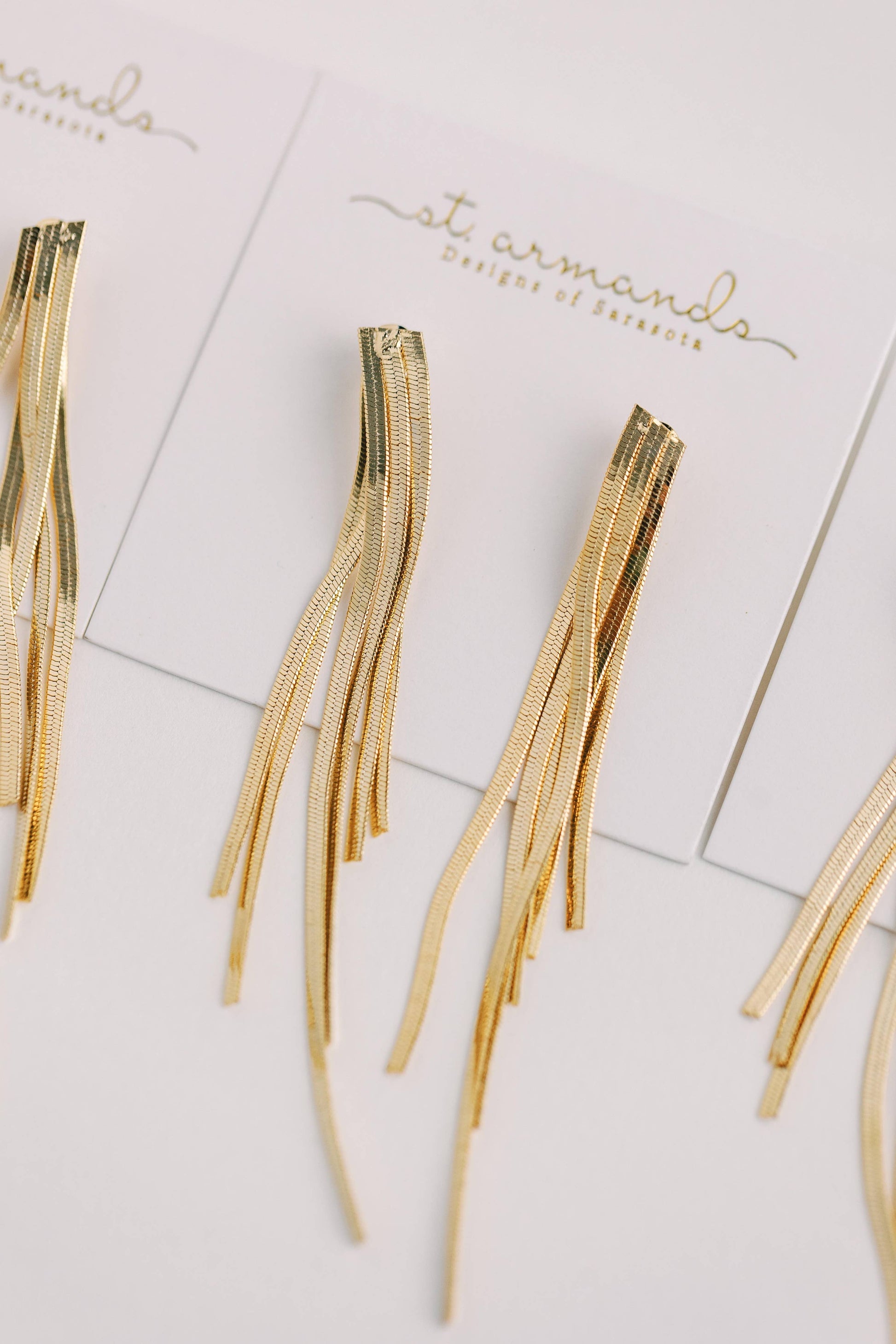 Skinny Gold Cascading Tassel Minimalist Statement Earrings - Pink Peonies