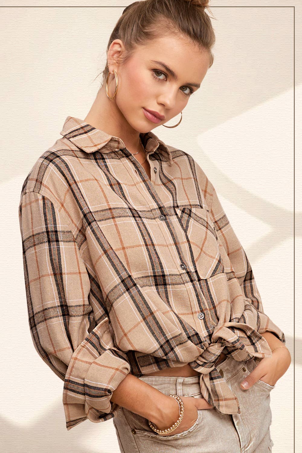 SRT1312-Soft Fabric Plaid Loose Fit Button Down Shirt: Tan / L - Pink Peonies