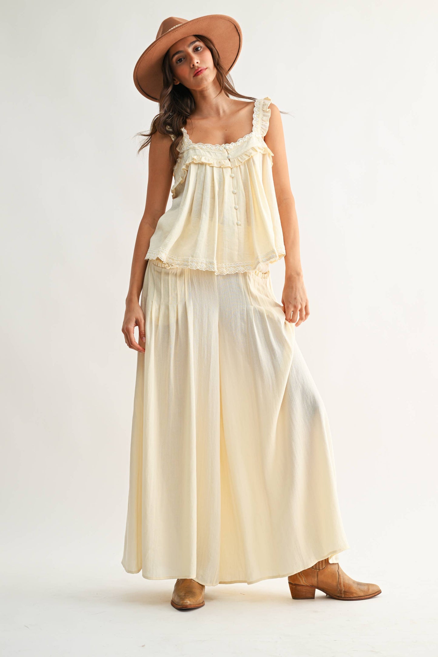 CEP27063 Wide-Leg Palazzo Pant with Ruffle Set - Pants Only: IVORY / S-M-L (3-2-1) - Pink Peonies