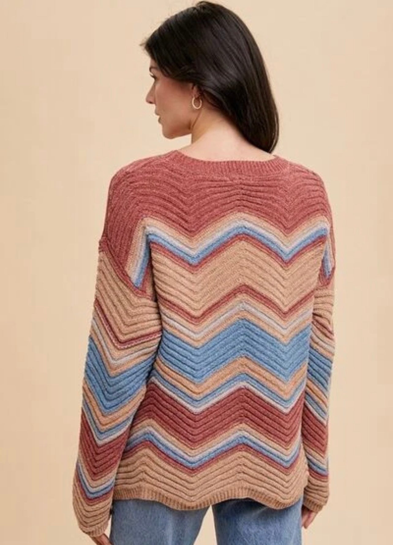 Rose Multi Zig-Zag Pointelle Chenille Sweater - Pink Peonies