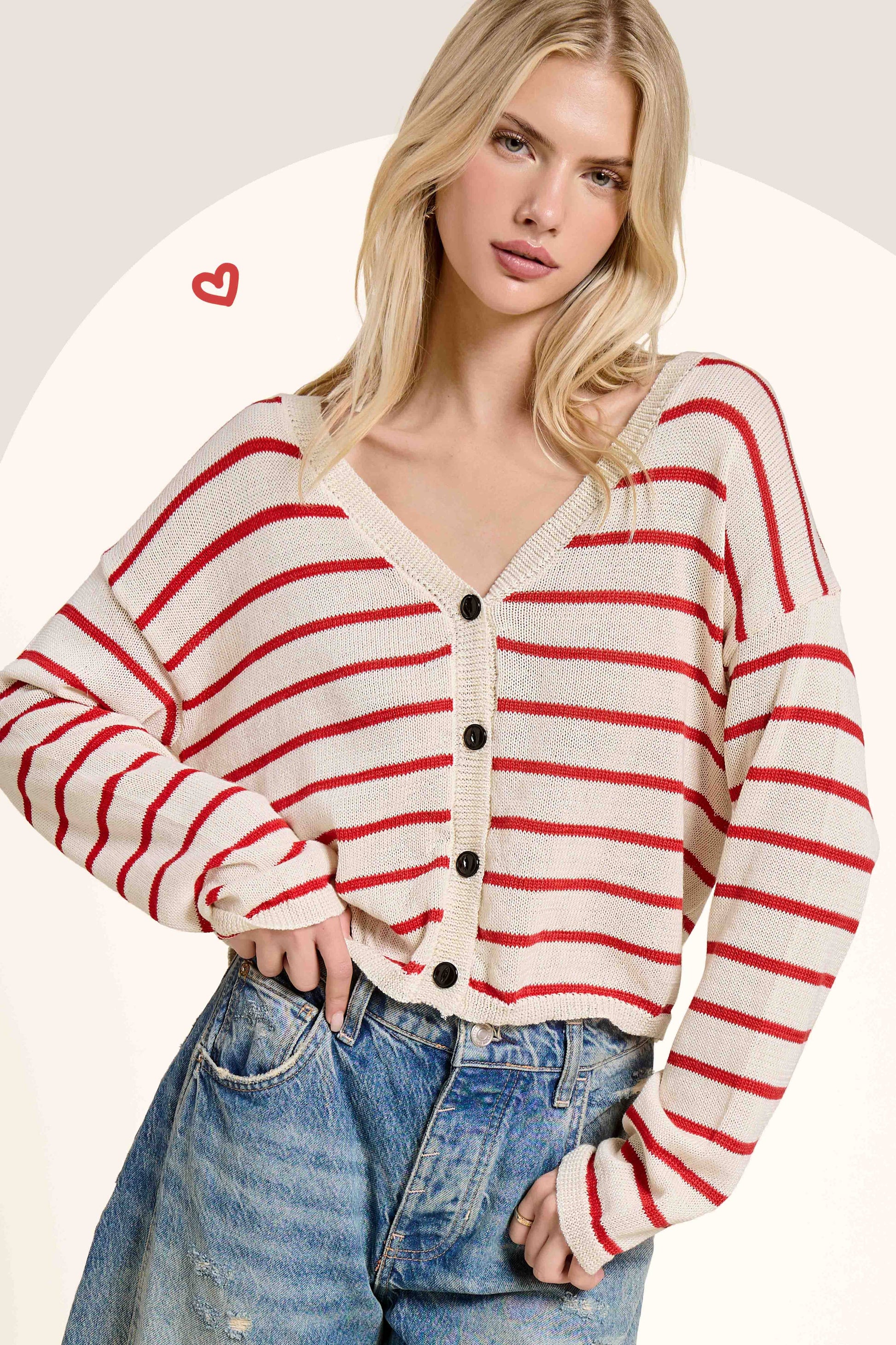 MDS3611-Relaxed Striped Summer V Neck Button Down Cardigan: Tomato / L - Pink Peonies