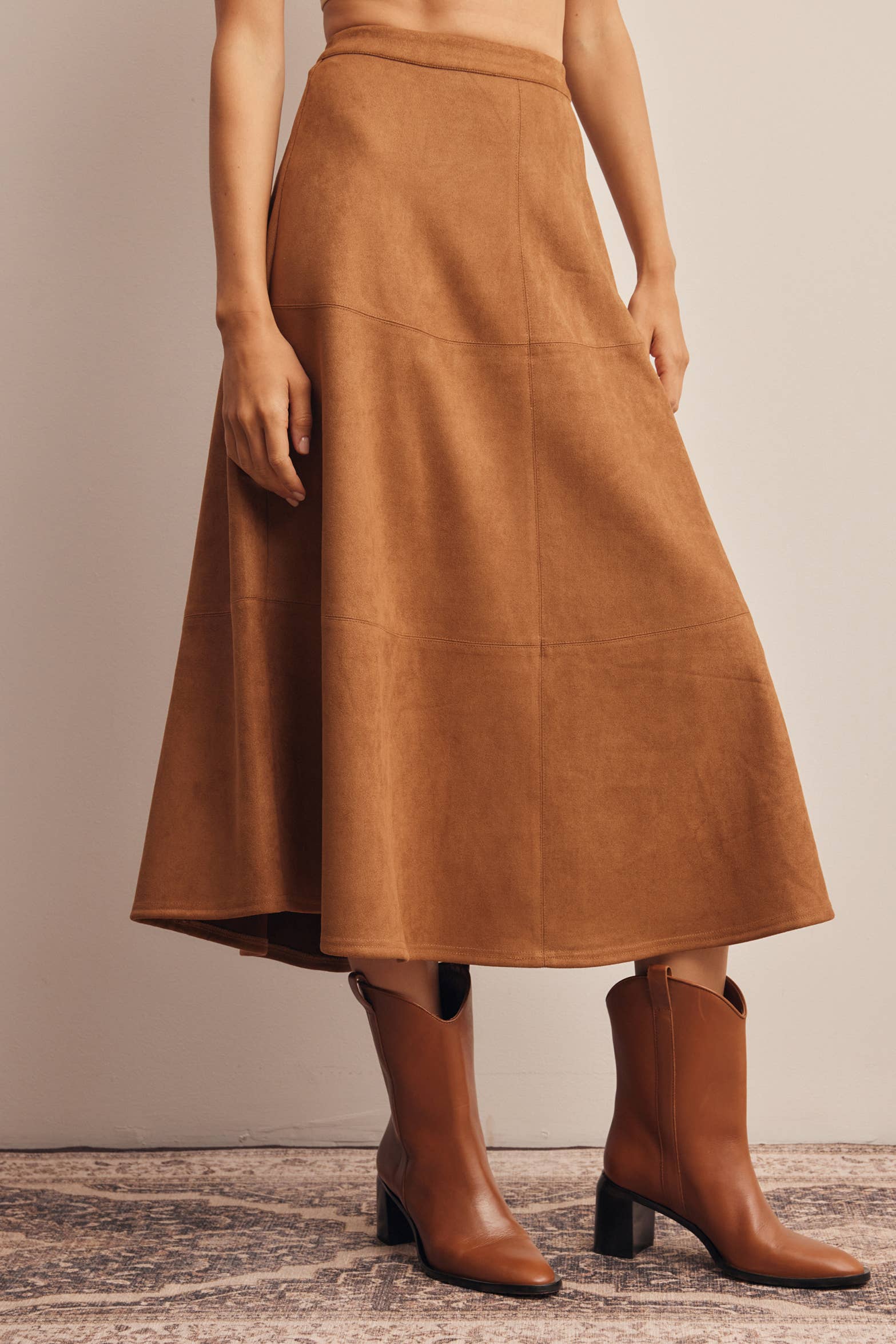 Stretched Suede A-Line Midi Skirt - Pink Peonies