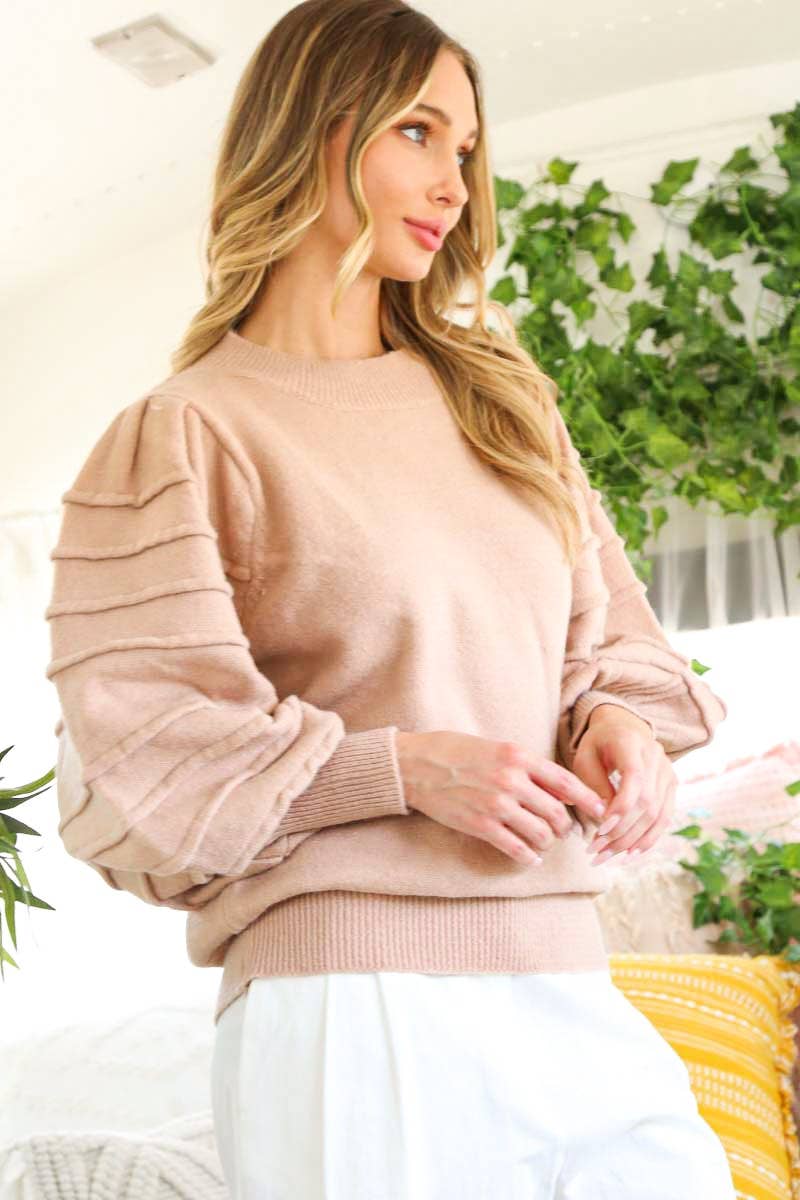 Crew Neck Textured Puff Sleeve Knitted Sweater