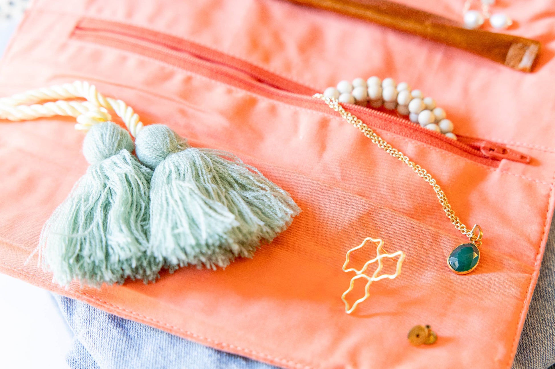Embroidered Velvet Jewelry Organizer-Coral - Pink Peonies