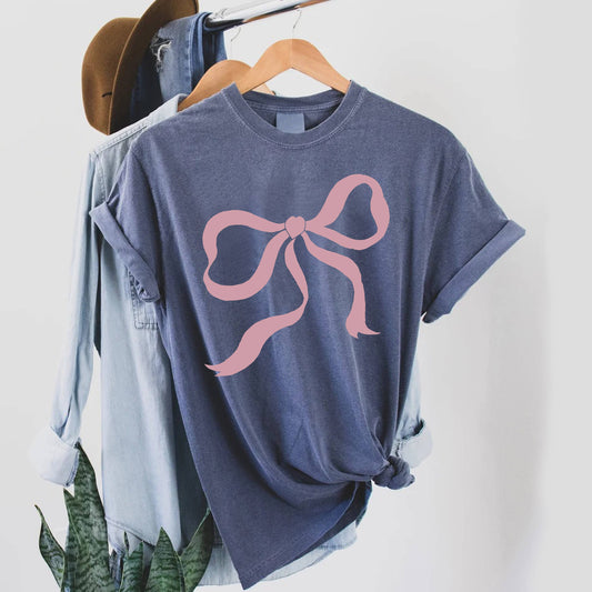 Blue Vintage Garment Dyed Cotton T-Shirt with Pink Bow - Pink Peonies