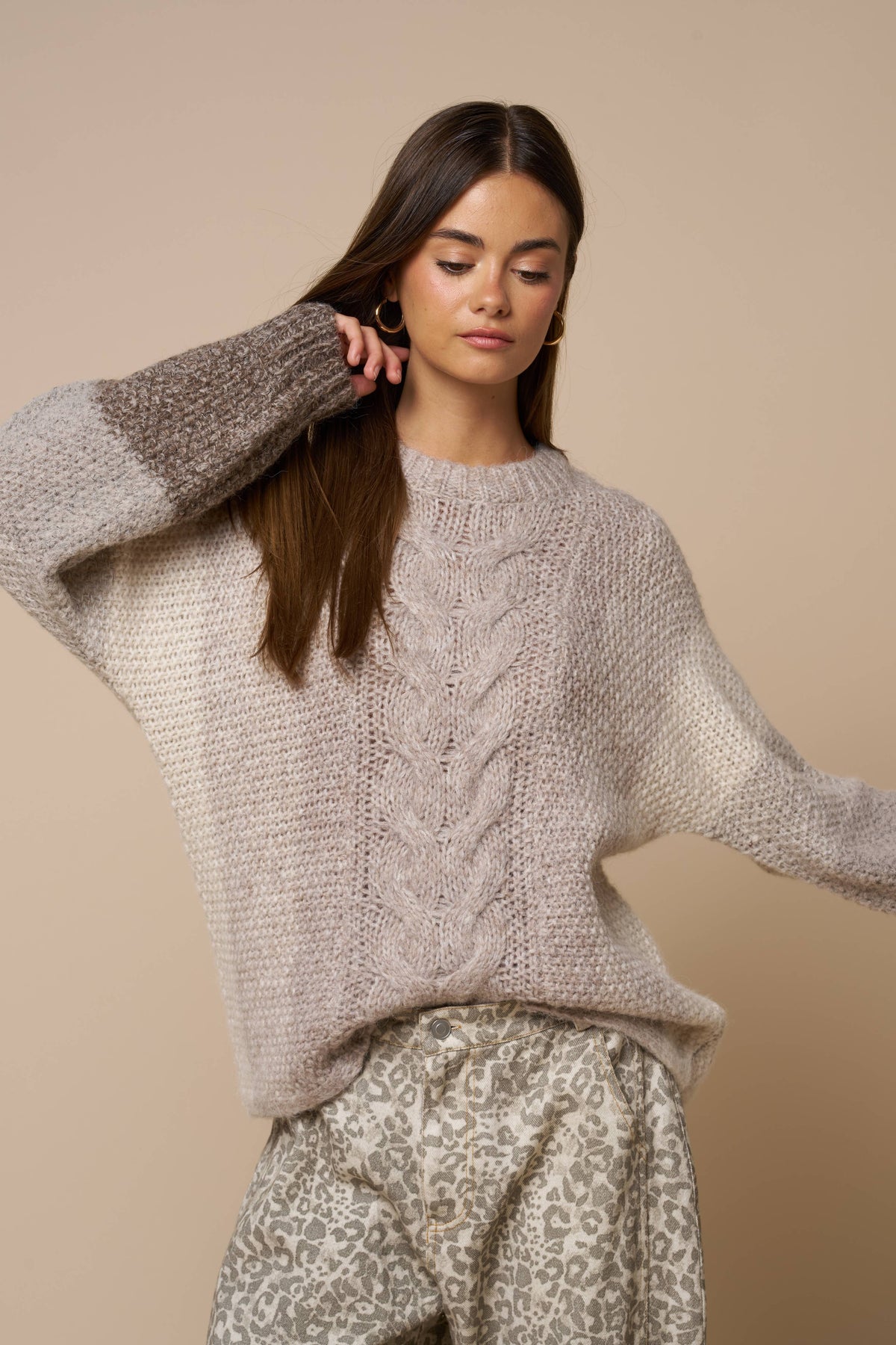 Color Block Cable Knit Sweater: TAUPE / L - Pink Peonies