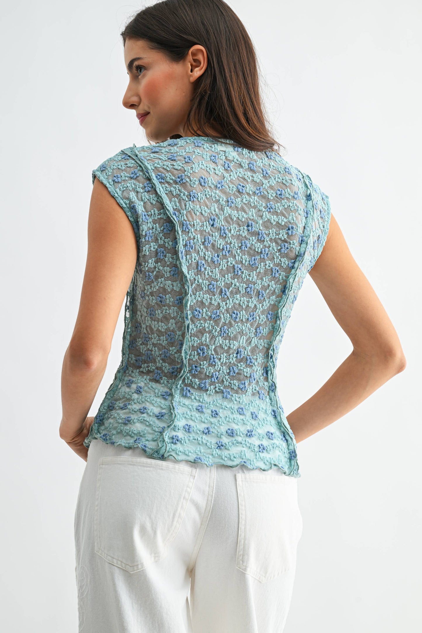CT10185J Sheer Lace Sleeveless Blouse: BLUE MULTI / S-M-L (3-2-1) - Pink Peonies