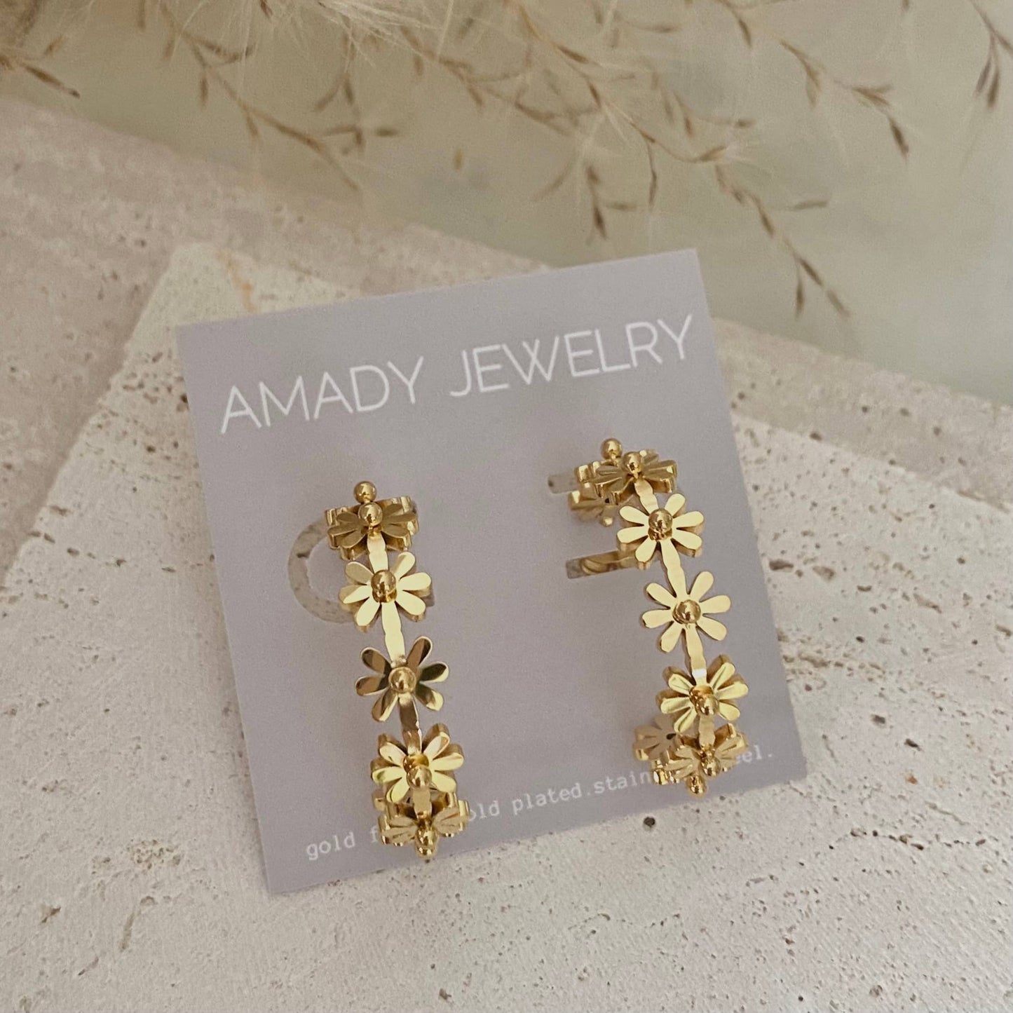 Flower Hoop Earrings 18K gold plated lightweight water resis - Pink Peonies