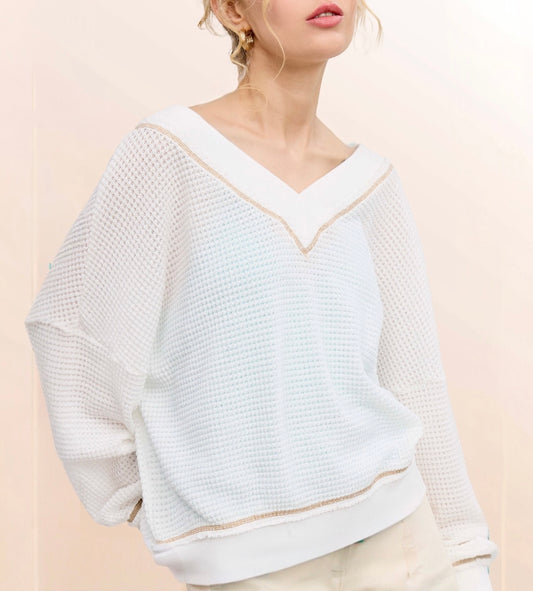 Loose Fit V-neck Waffle Textured Long Sleeve Top - Pink Peonies