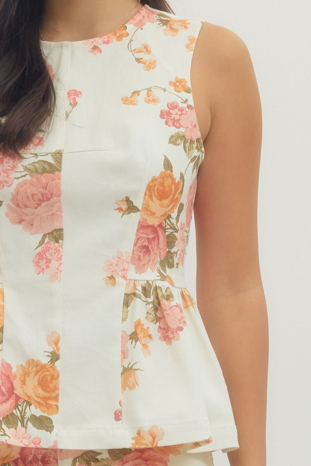 Floral Denim Peplum Top - Pink Peonies