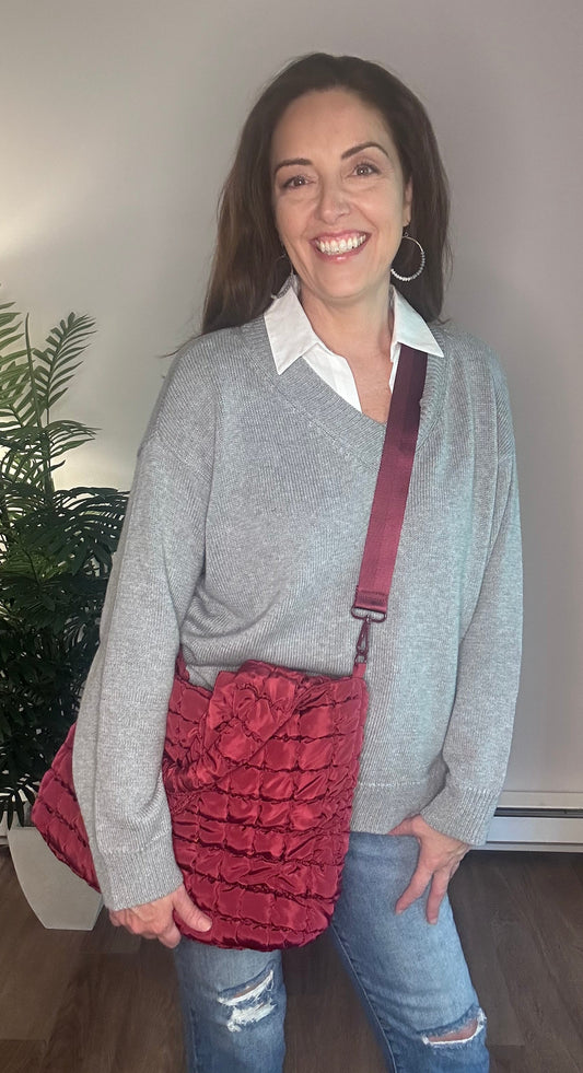 Elevate - Quilted Puffer Nylon Hobo: Burgundy - Pink Peonies