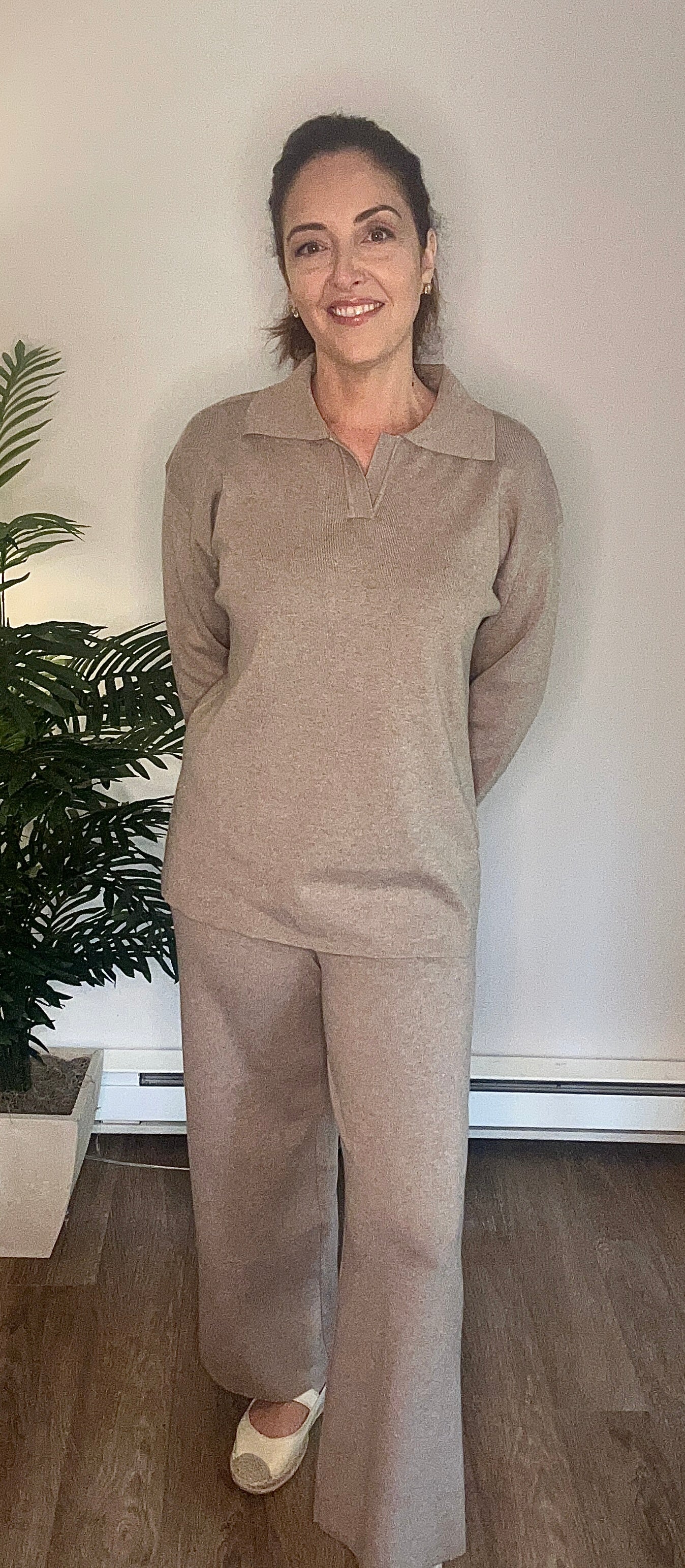 Long Sleeve Top and Pants Sweater Set: Khaki - Pink Peonies