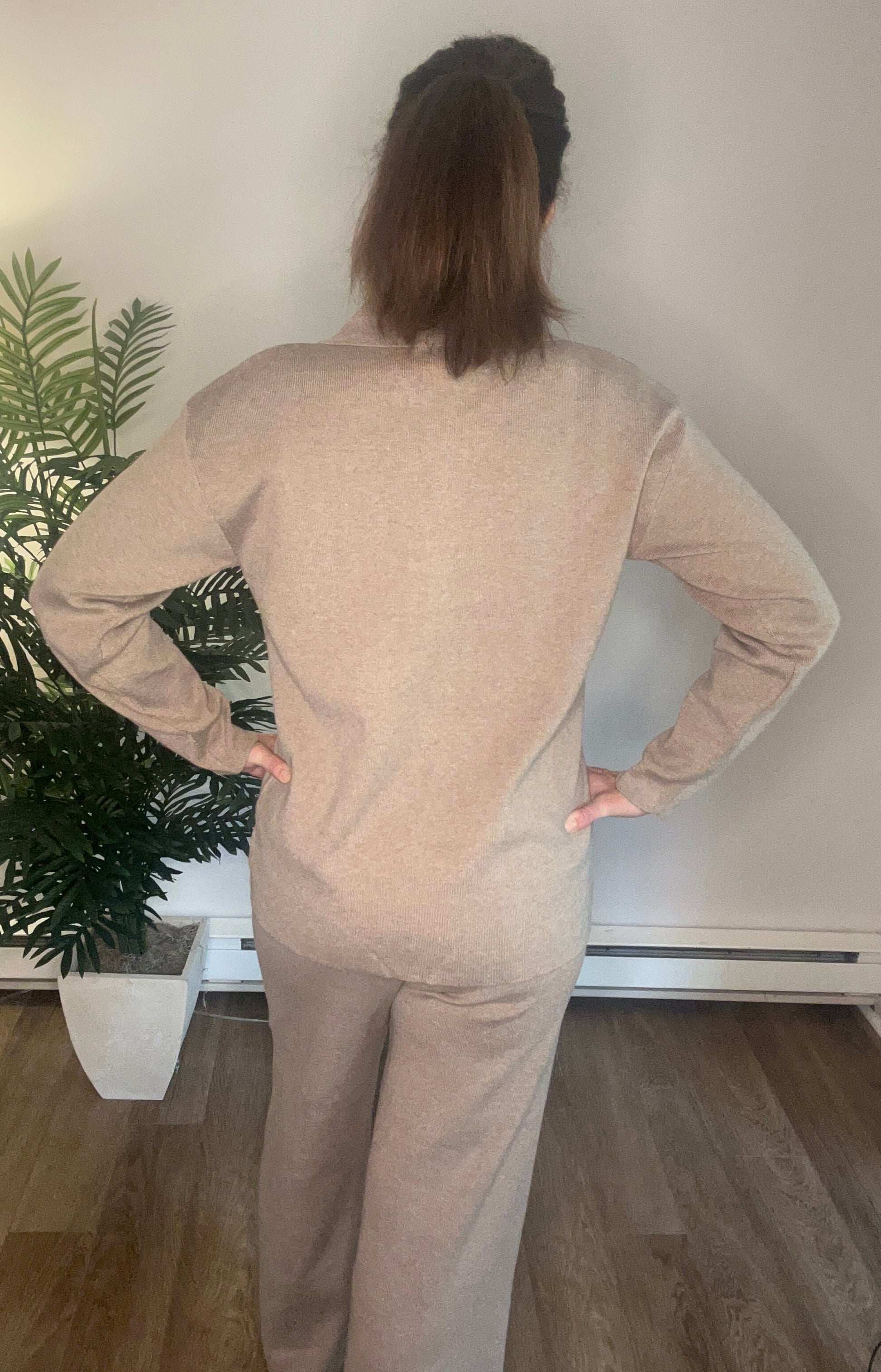 Long Sleeve Top and Pants Sweater Set: Khaki - Pink Peonies