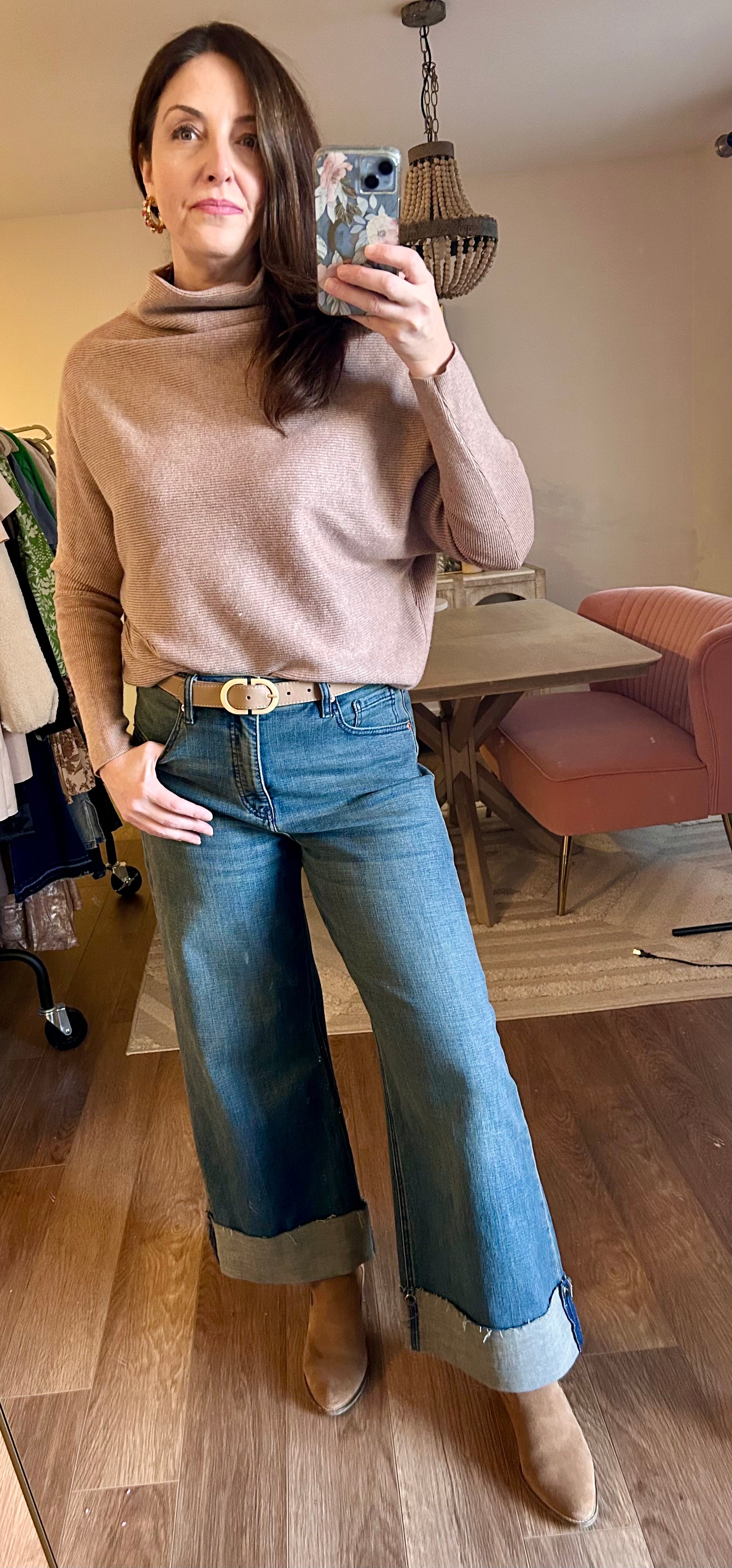 Slouch Neck Dolman Pullover Sweater - Pink Peonies