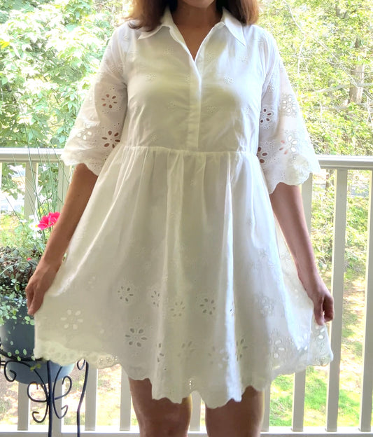 Embroidered Scallop Edge Detail Mini Shirt Dress - Pink Peonies