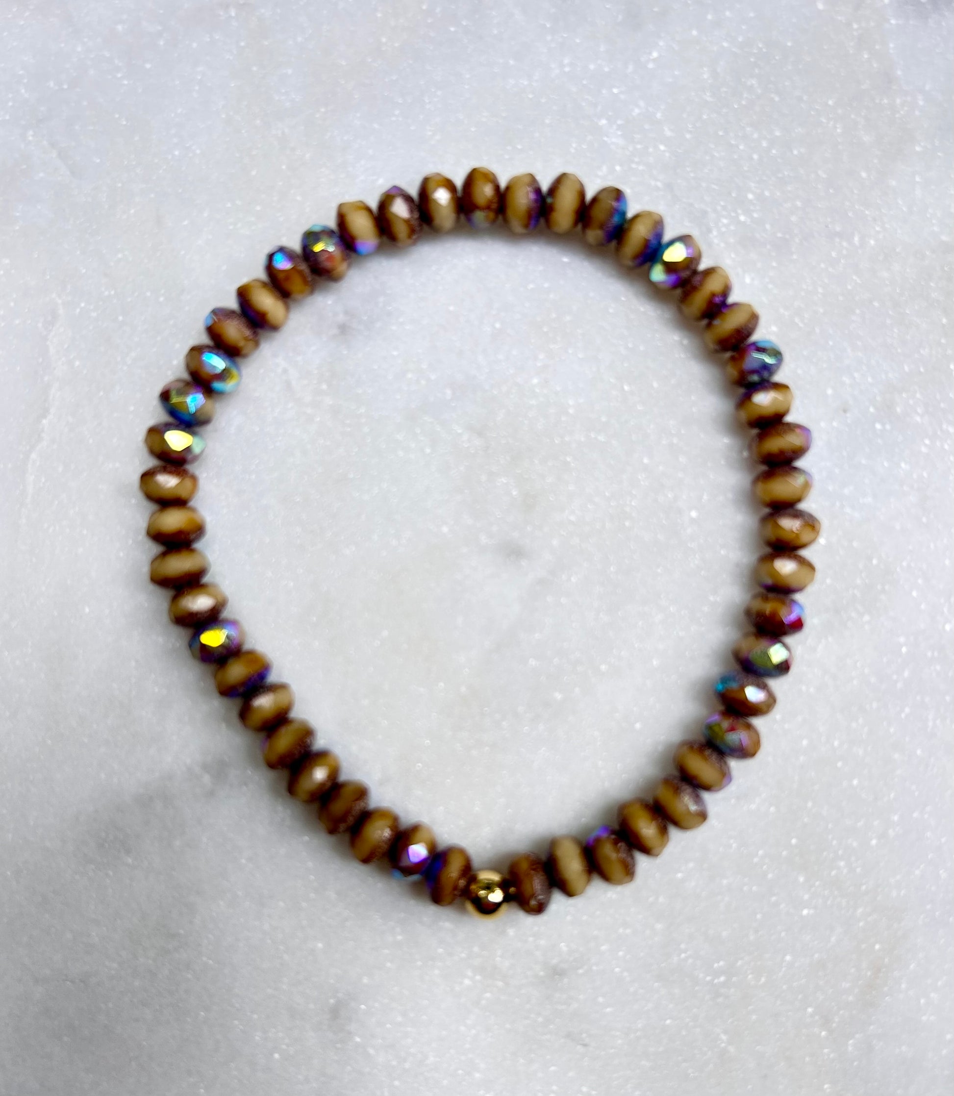 Beaded Crystal Bracelet: Tan - Pink Peonies