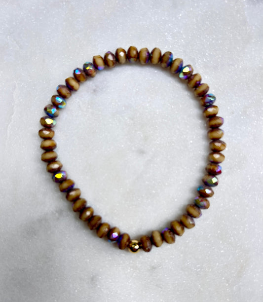 Beaded Crystal Bracelet: Tan - Pink Peonies