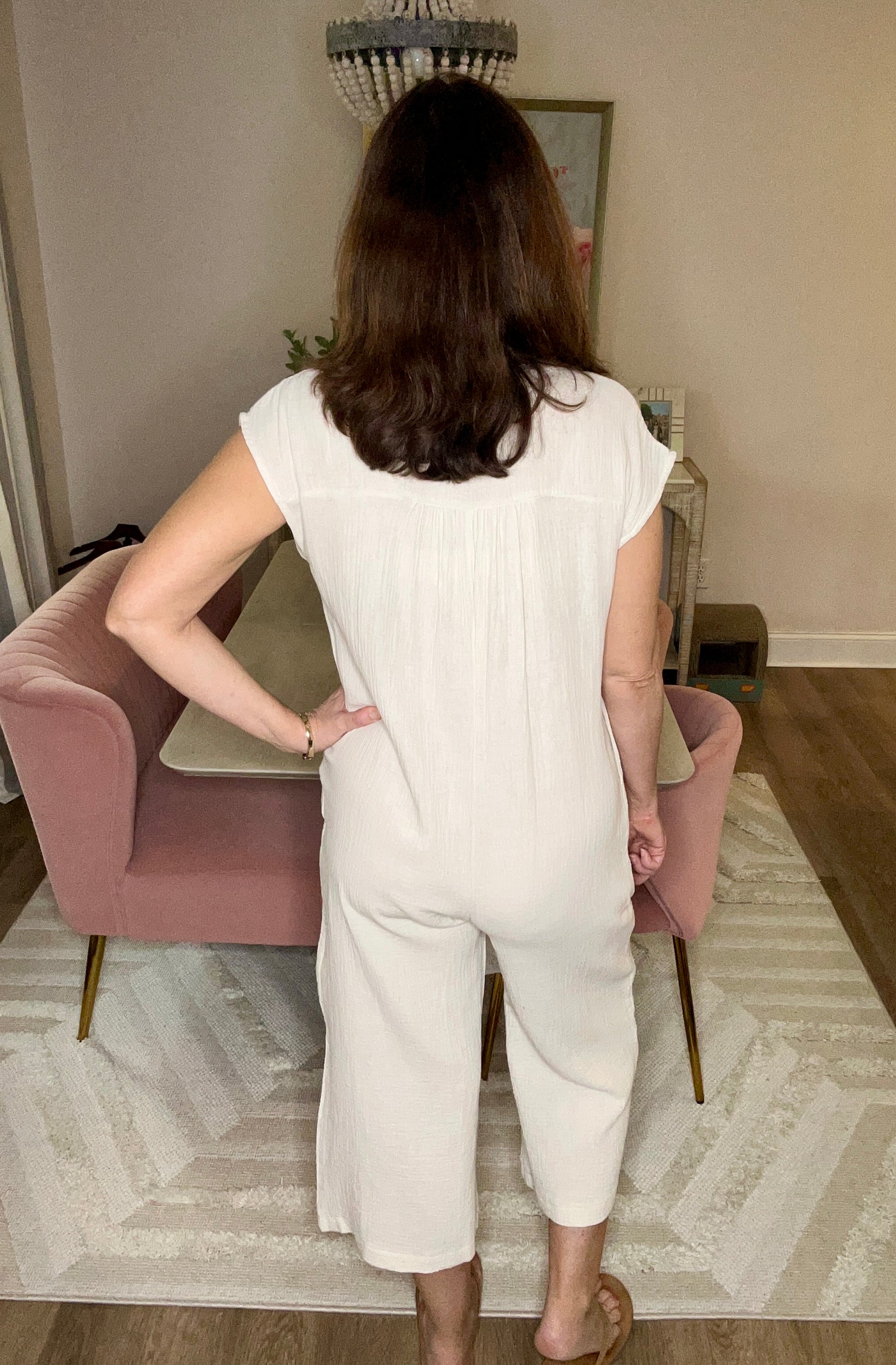 Cream Cotton Guaze Button Down Jumpsuit - Pink Peonies