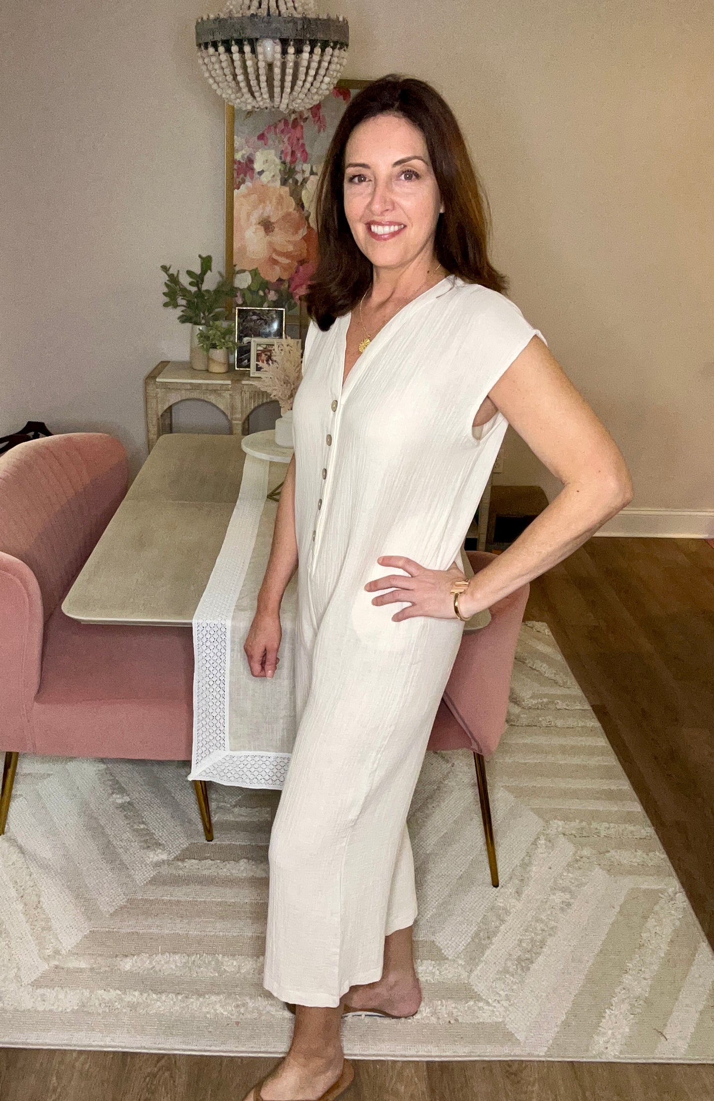 Cream Cotton Guaze Button Down Jumpsuit - Pink Peonies